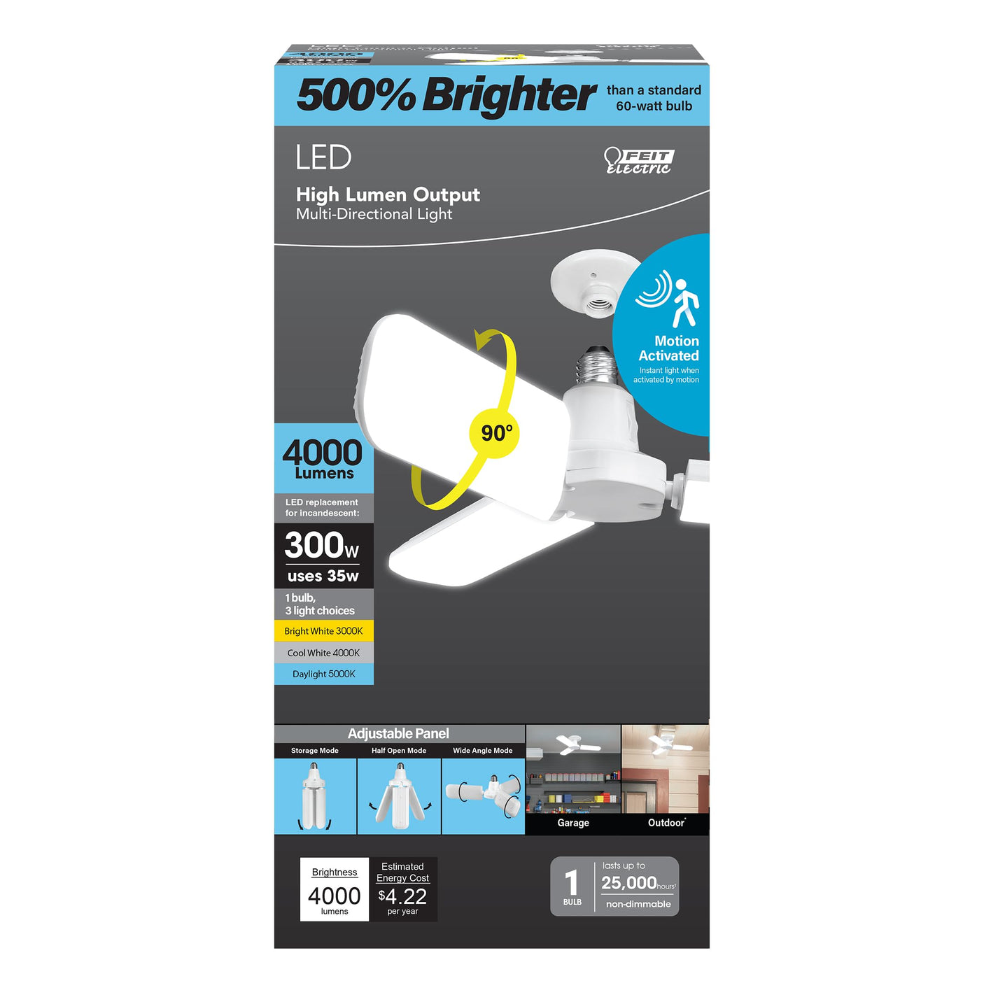 Feit Electric Smart LED Garage Light, RGBW 3 Panel, WiFi 2.4GHz, Screw-in LED Shop Light Bulb, Works with Alexa and Google Home Assistant, E26, 4000 Lumens, Garage Ceiling Light, ADJ4000/RGBW/LED/AG