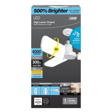 Feit Electric Smart LED Garage Light, RGBW 3 Panel, WiFi 2.4GHz, Screw-in LED Shop Light Bulb, Works with Alexa and Google Home Assistant, E26, 4000 Lumens, Garage Ceiling Light, ADJ4000/RGBW/LED/AG