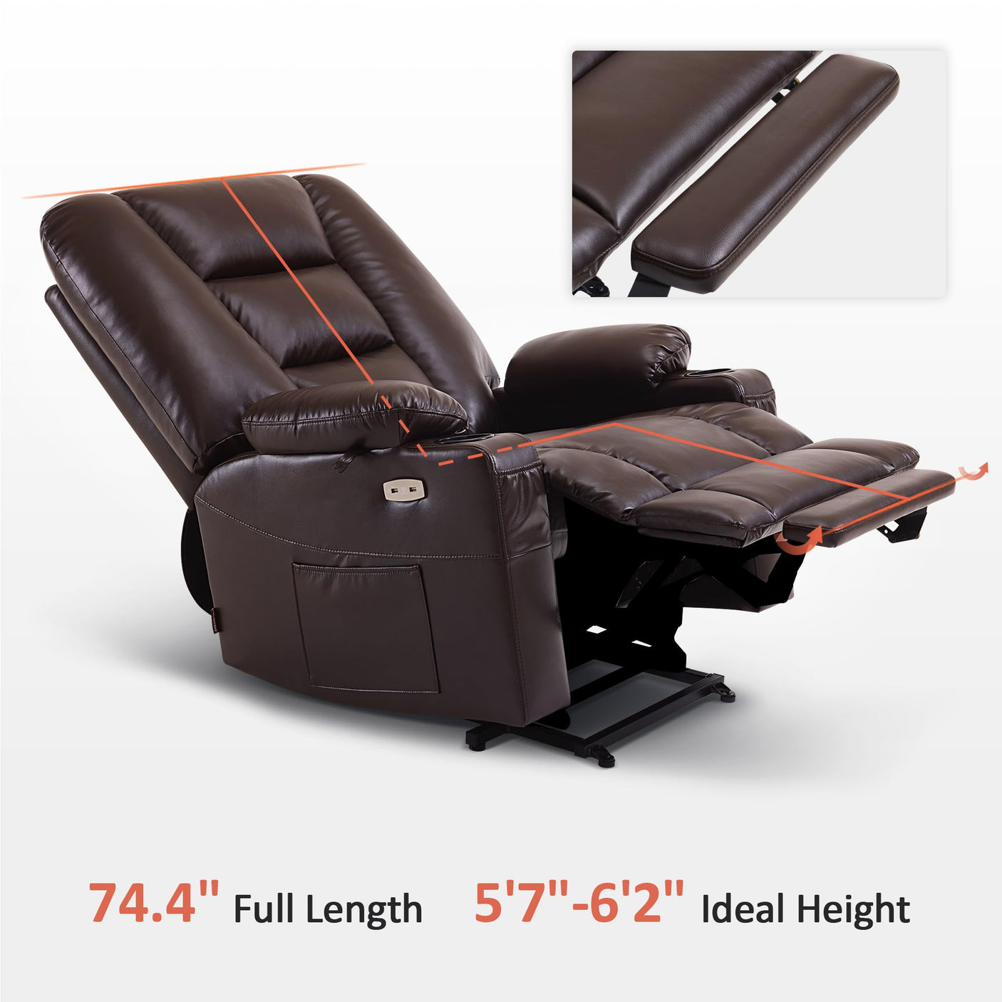 MCombo Power Lift Recliner Chair for Elderly, Lift Chair with Heat and Massage, USB Ports, Cup Holders, Faux Leather 7519 (Medium, Dark Brown)