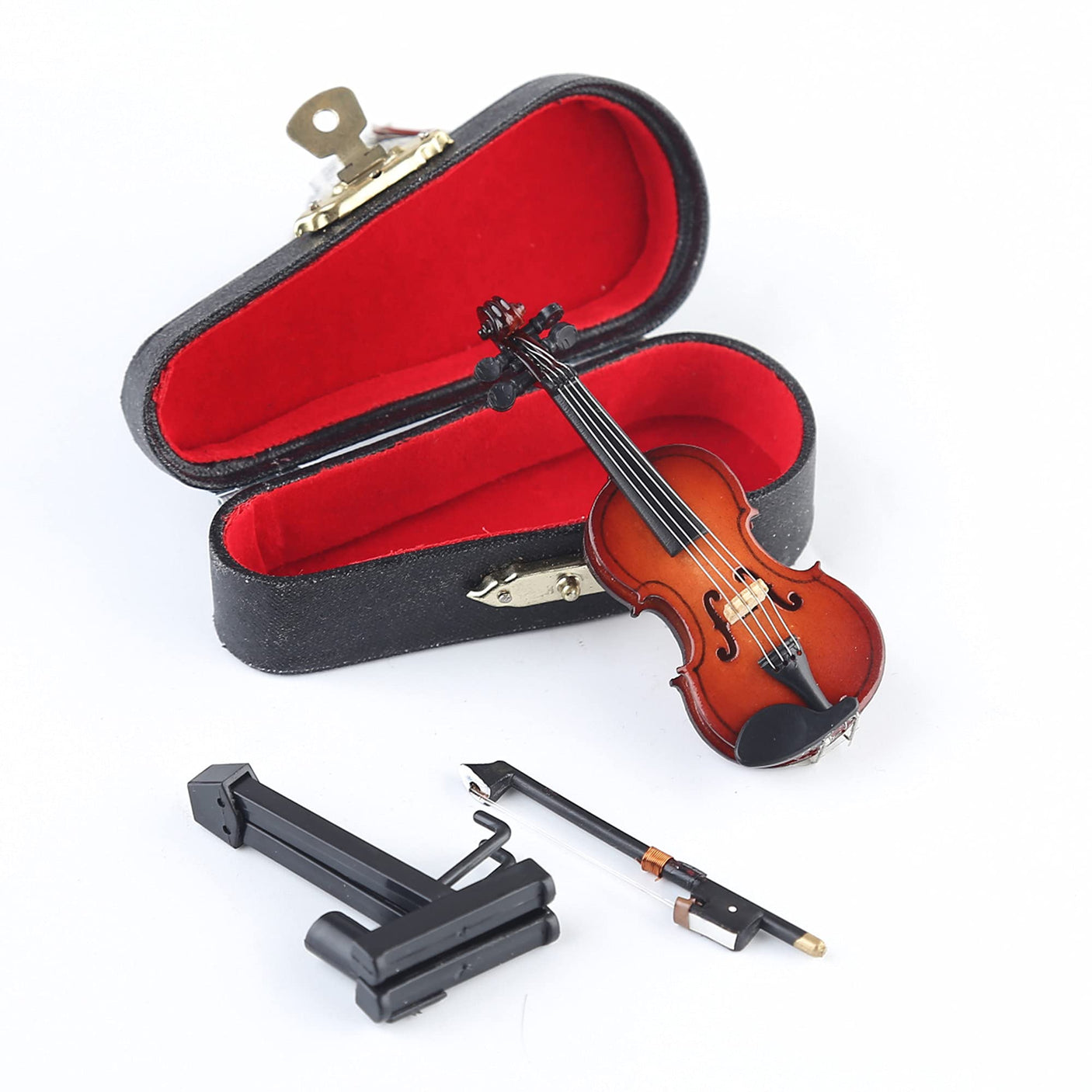 Wooden Miniature Violin with Stand, Bow and Case Mini Musical Instrument Violin Replica Collectible Figurines Dollhouse Accessories Model Home Decoration Display Ornament (3.15"x1.18"x0.59")