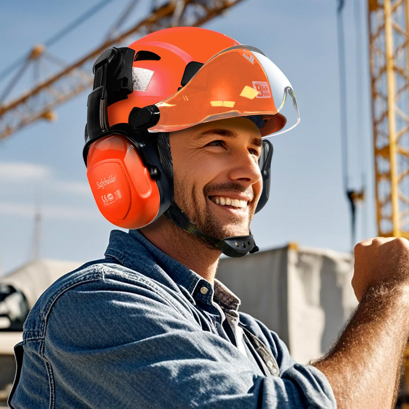 Industrial Safety Helmet with Visor Ear Muffs Hard Hat with Visor Vented Hardhats Construction Work Head Protection ANSI
