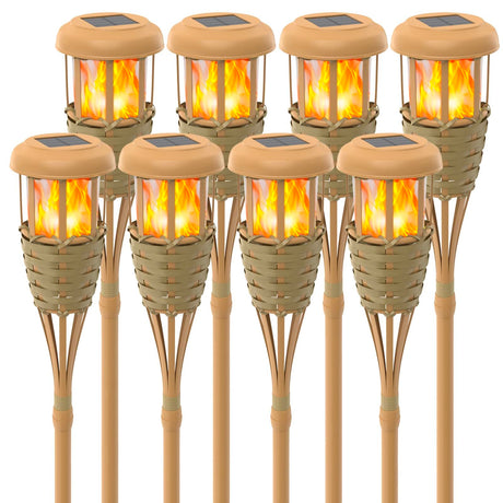 Flickering Flames Solar Powered Lights - Upgraded Solar Torches Waterproof Outdoor Decorative Lighting Auto On/Off, Handmade Bamboo Finish, 2-Pack