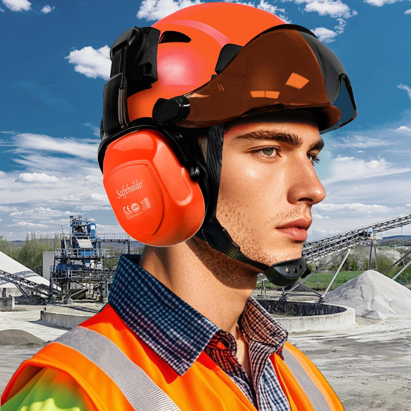 Industrial Safety Helmet with Visor Ear Muffs Hard Hat with Visor Vented Hardhats Construction Work Head Protection ANSI