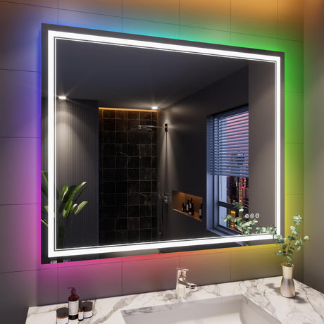 60x30 Inch LED Bathroom Mirror with Lights, Color Changing RGD Backlit and Front Light Mirror,Lighted Vanity Mirrors for Bathroom Wall, Dimmable, Anti-Fog,Shatterproof,Memory