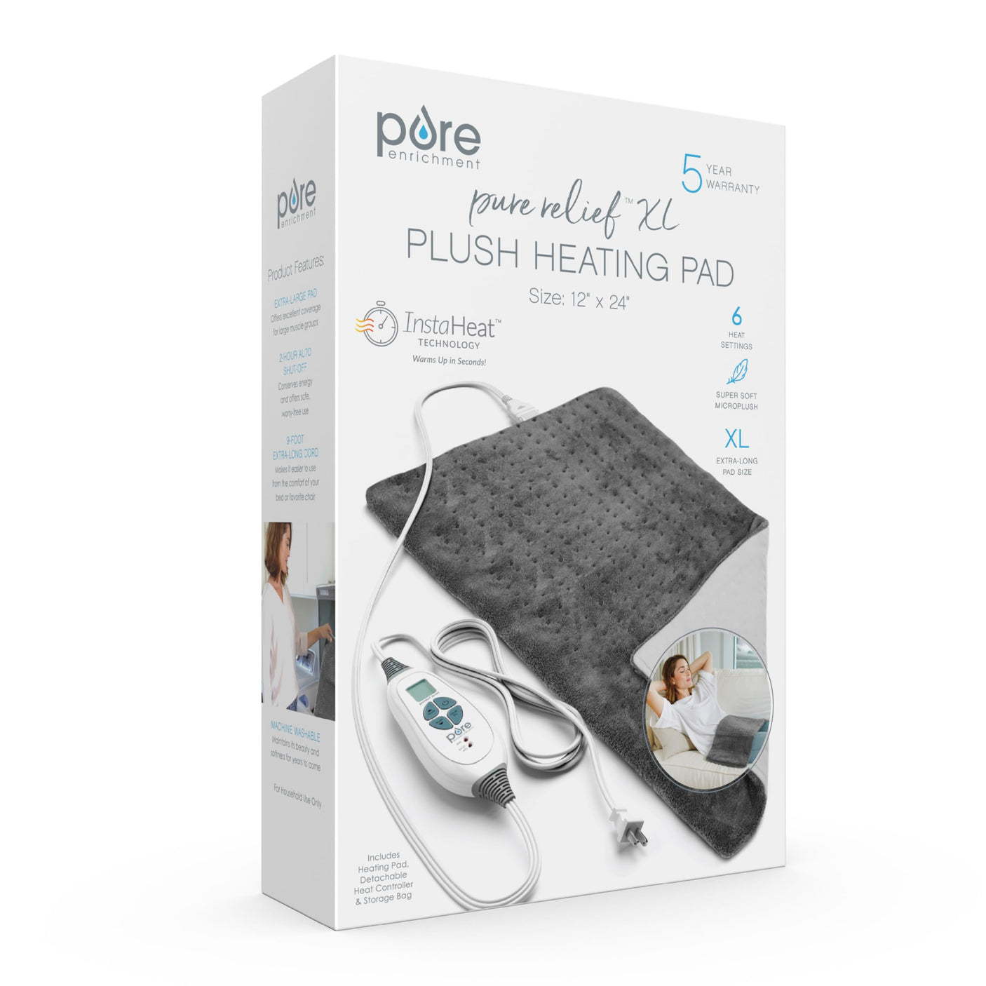 Pure Enrichment® PureRelief® XL Heating Pad - 12" x 24" Electric Heating Pad for Back Pain & Cramps, 6 Heat Settings, Soft Machine Wash Fabric, Auto-Off & Moist Heat (Charcoal Gray)