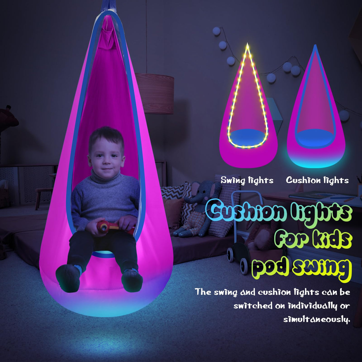 Light Up Kids Pod Swing Seat, Upgraded Kids Hanging Hammock Swing with LED Lights, Cotton Sensory Pod Swing Chair with Inflatable Pillow, Pod Swing for Kids Indoor & Outdoor (1 PCS) (Blue)