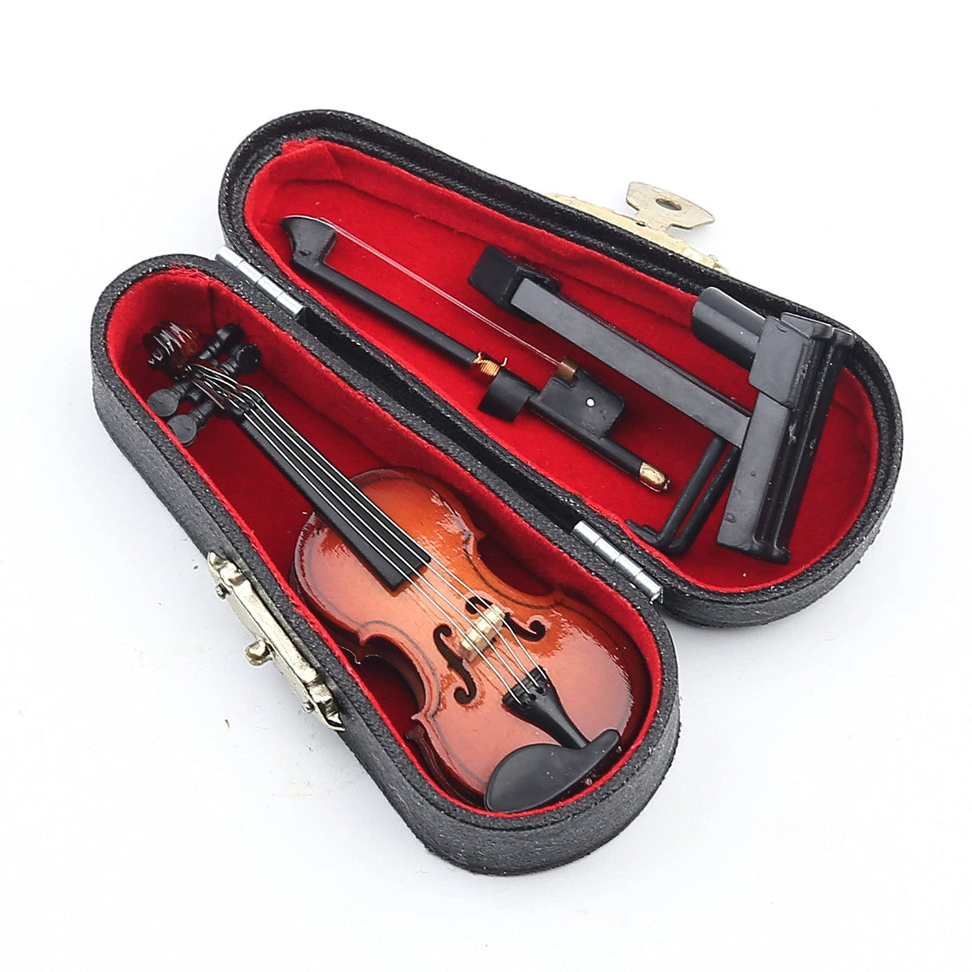 Wooden Miniature Violin with Stand, Bow and Case Mini Musical Instrument Violin Replica Collectible Figurines Dollhouse Accessories Model Home Decoration Display Ornament (3.15"x1.18"x0.59")