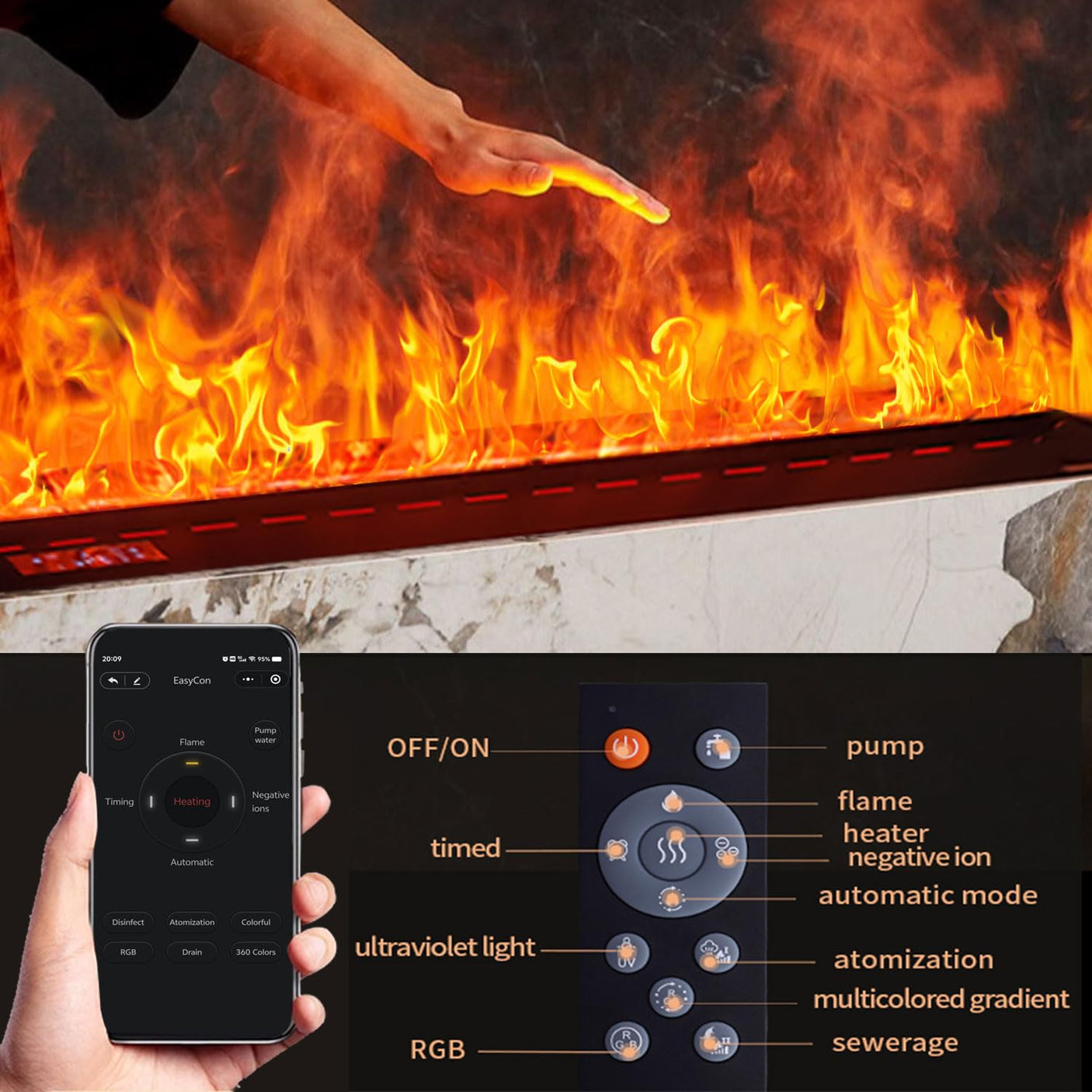 36 inch Water Vapor Fireplace 3D Atomizing Fireplace Recessed Electric Fireplace Remote Control with Timer Touch Simulation Flame Touch Flame Multiple Colors and Flame Adjustment