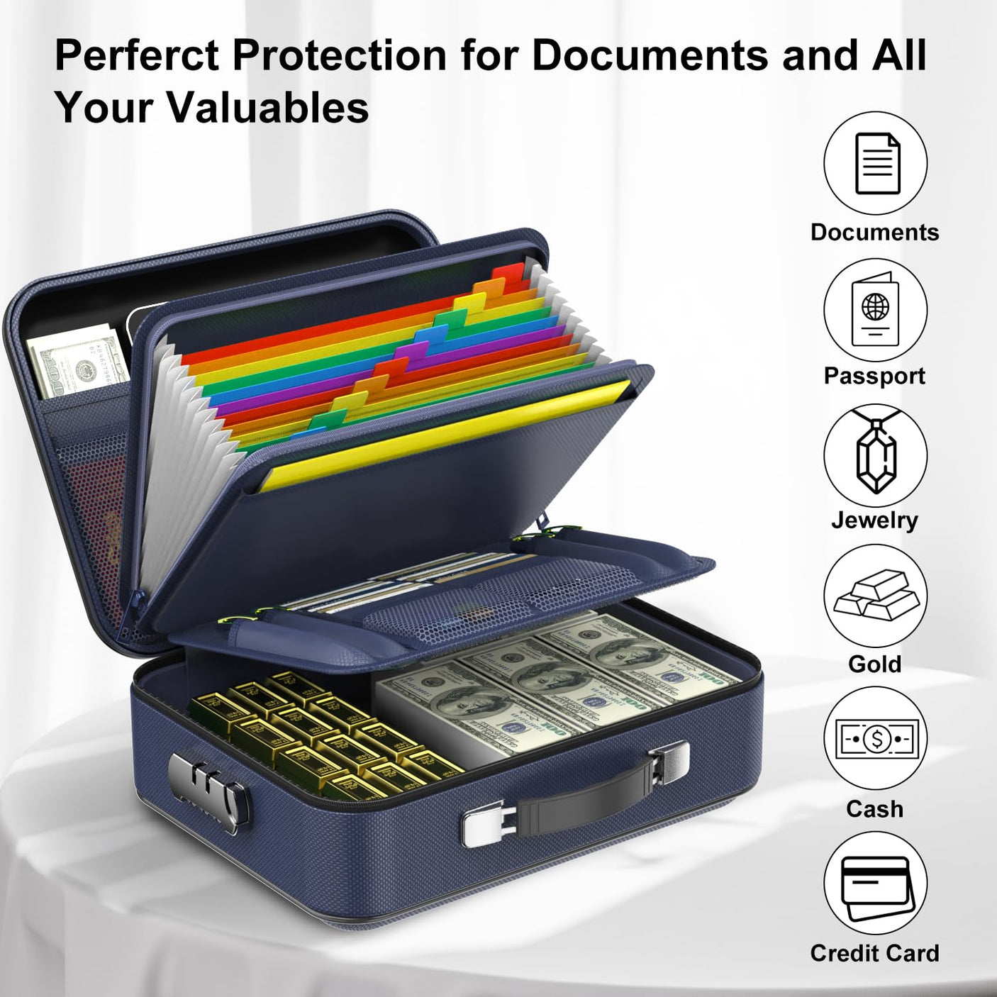 Fireproof Document Box, Hard Case Fireproof File Organizer with Lock Hard-Shell Design Fireproof Water Resistant Safe Box for Important Documents Certificates Laptop Passports Black
