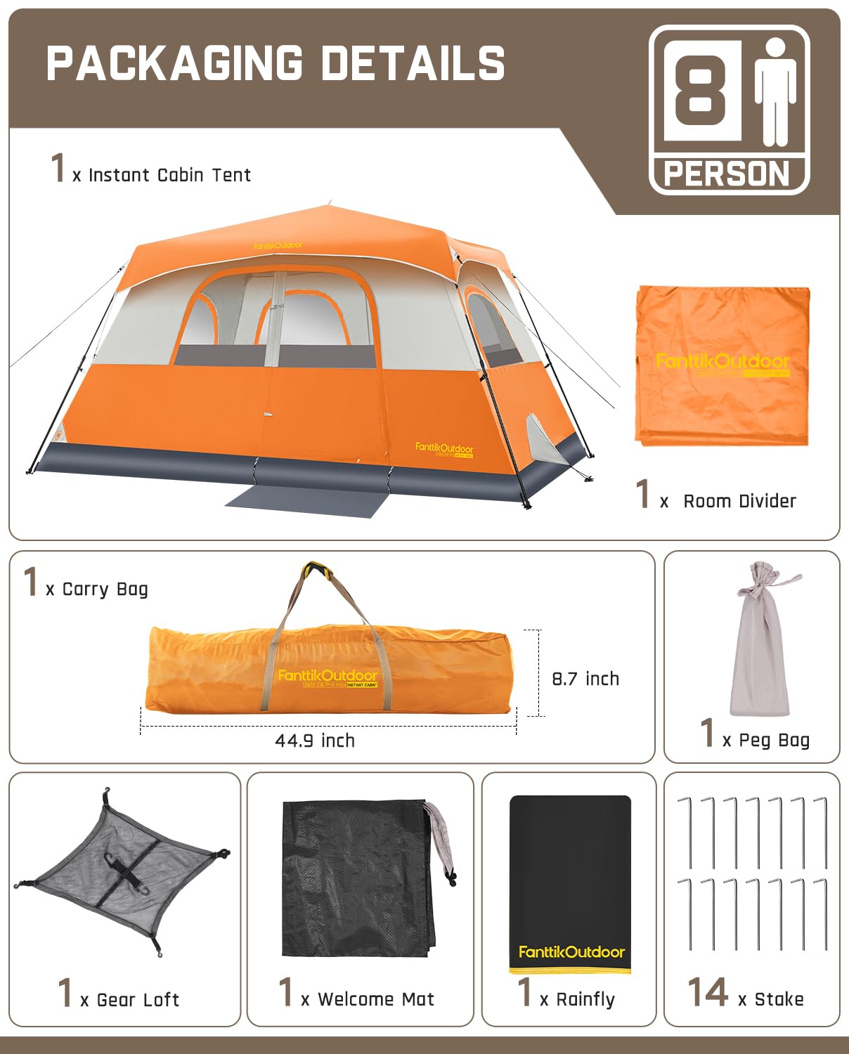 FanttikOutdoor Camping Tent 4/6/8/10 Person Instant Cabin Tent Setup in 60 Seconds with Rainfly & Windproof Portable with Carry Bag for Family Camping & Hiking
