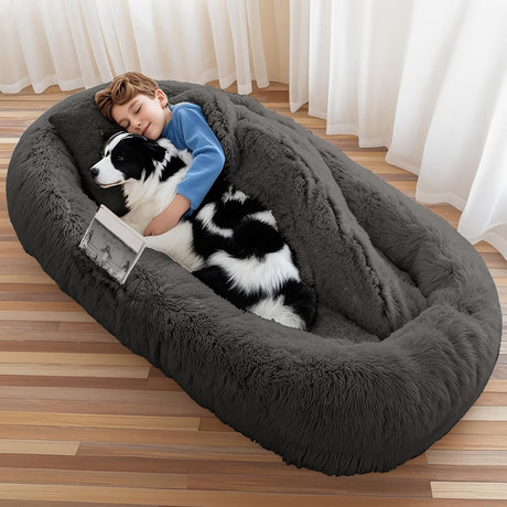 Human Dog Bed, Large Dog Beds for Humans Size Fits You and Pets, Washable Faux Fur Orthopedic Human Pet Bed for People Doze Off, Napping, Present Pillow, Blanket, Strap - Khaki