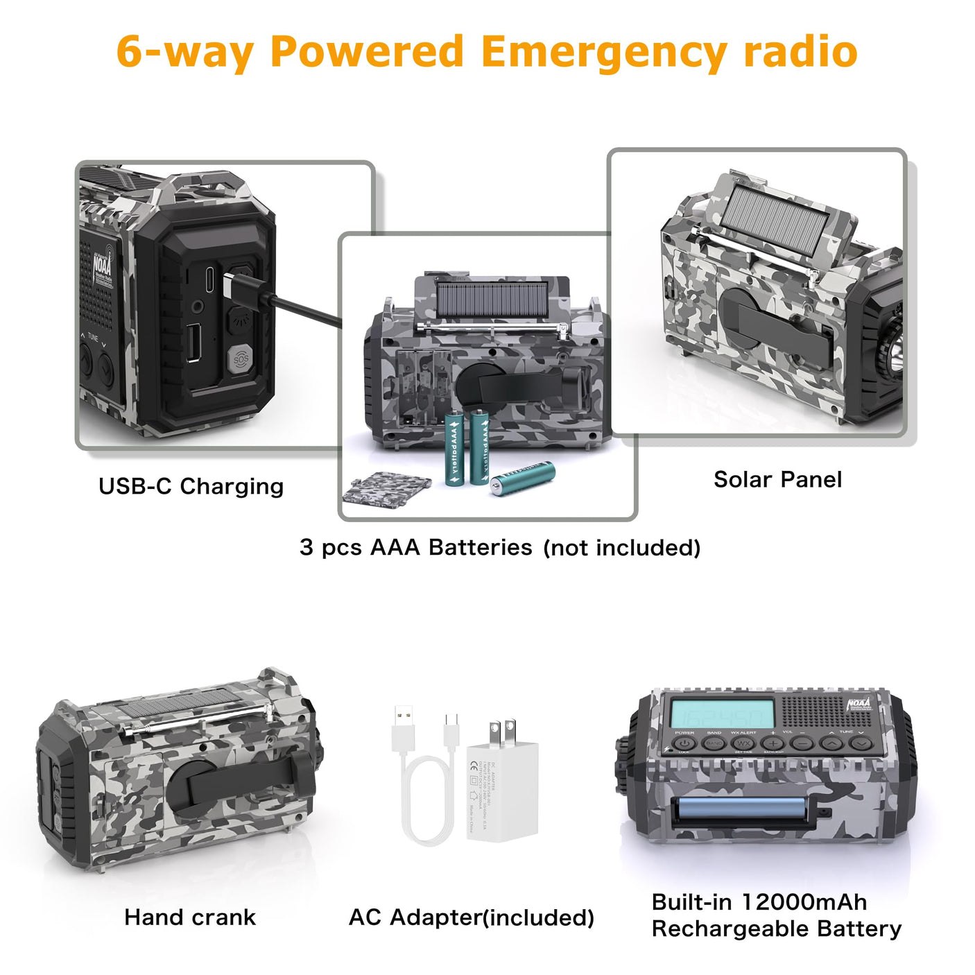 NOAA Weather Radio, Emergency Hand Crank Radio with Solar Charger, Portable Battery Operated AM FM Shortwave Radio with LED Flashlight, USB Charger, Earbud Jack, SOS Alert for Home Survival Hurricane