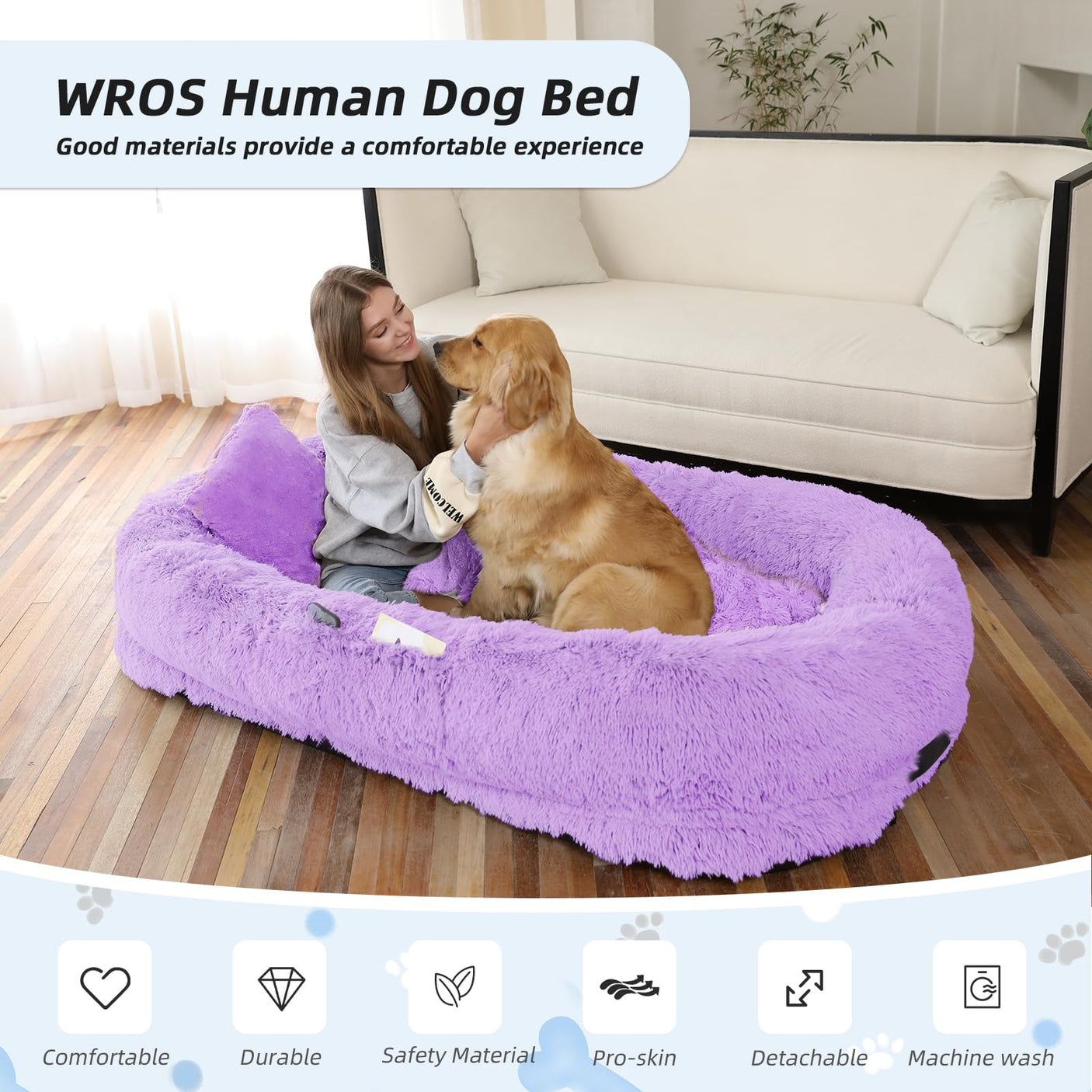 Human Dog Bed, Large Dog Beds for Humans Size Fits You and Pets, Washable Faux Fur Orthopedic Human Pet Bed for People Doze Off, Napping, Present Pillow, Blanket, Strap - Khaki