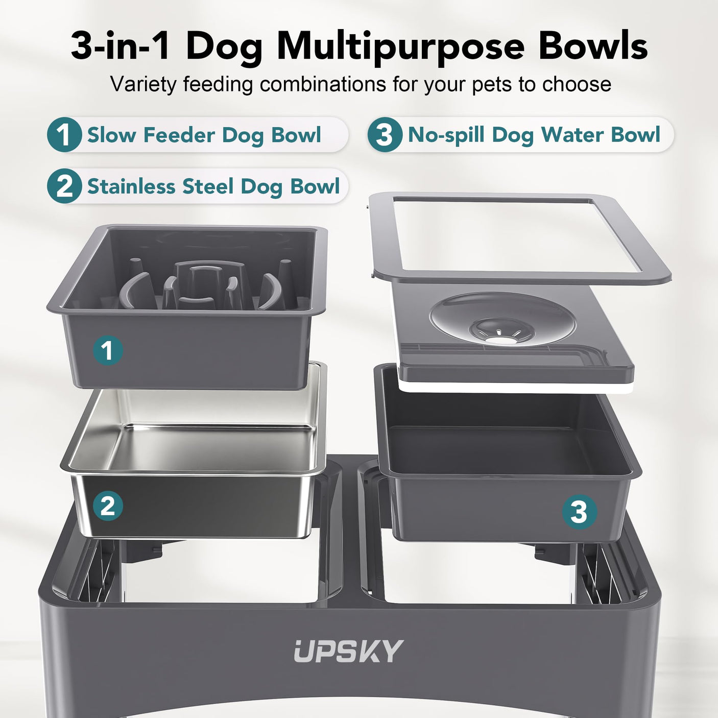 UPSKY 2-in-1 Elevated Dog Bowls Slow Feeder, 4 Height Adjustable Raised Bowls Stand, No Spill Dog Water Bowls, Anti-Slip Food and Water Bowl for Small Medium Dogs(Not Include Stainless Steel Bowl)