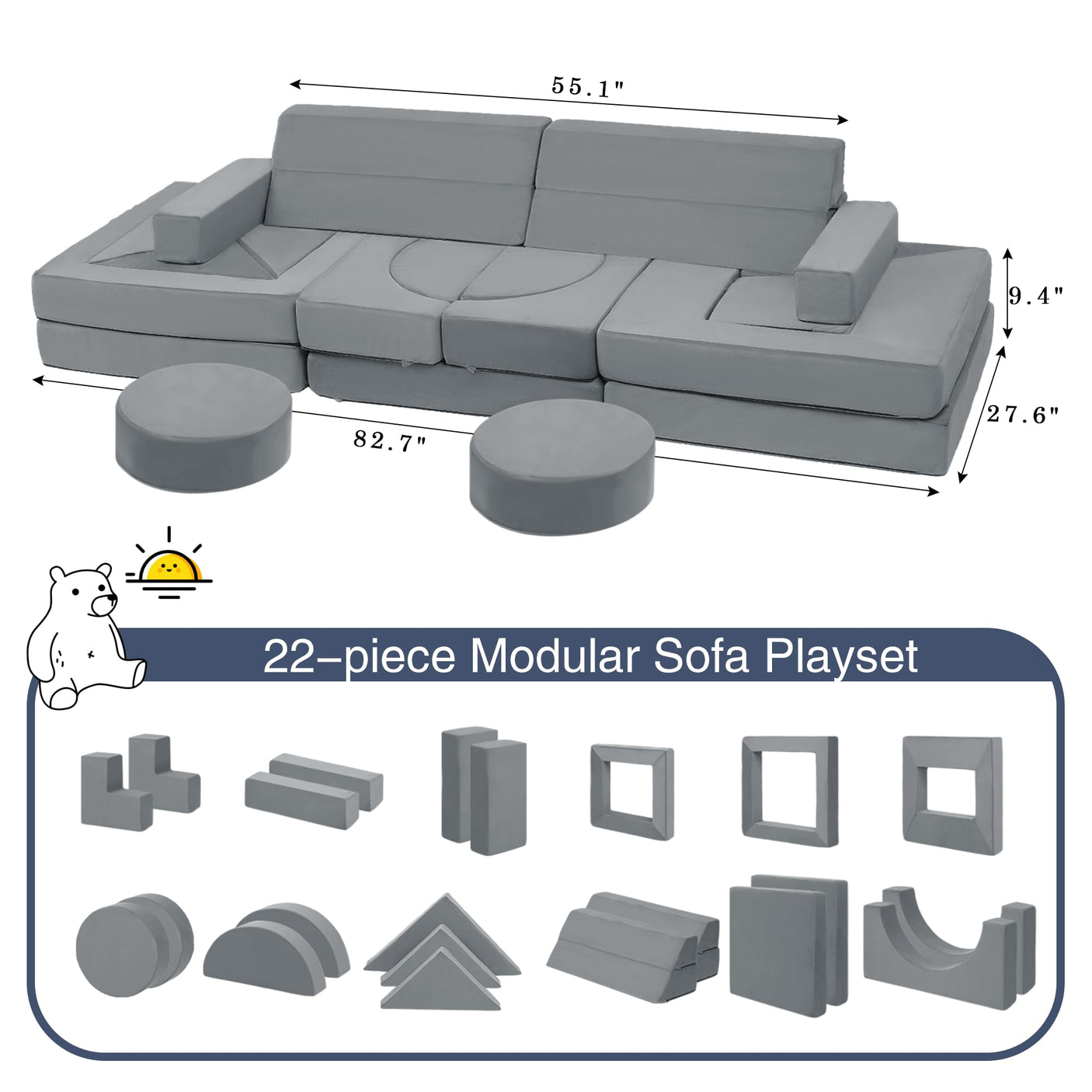 22Pcs Modular Kids Play Couch - Kids Couch for Playroom Bedroom Living Rooms Toddler Sofa for Inspiring Child Creativity，Children Convertible Foam Sofa