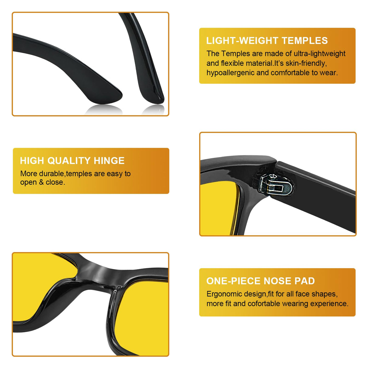CARFIA Night Vision Glasses Driving for Men Women Anti-glare,Safety HD Yellow Lens Fishing Golf Narrow Face Glasses