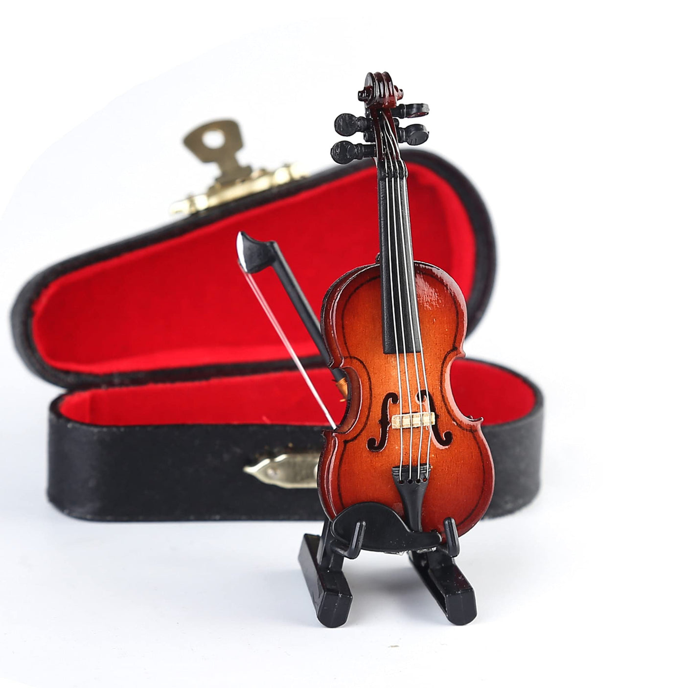 Wooden Miniature Violin with Stand, Bow and Case Mini Musical Instrument Violin Replica Collectible Figurines Dollhouse Accessories Model Home Decoration Display Ornament (3.15"x1.18"x0.59")