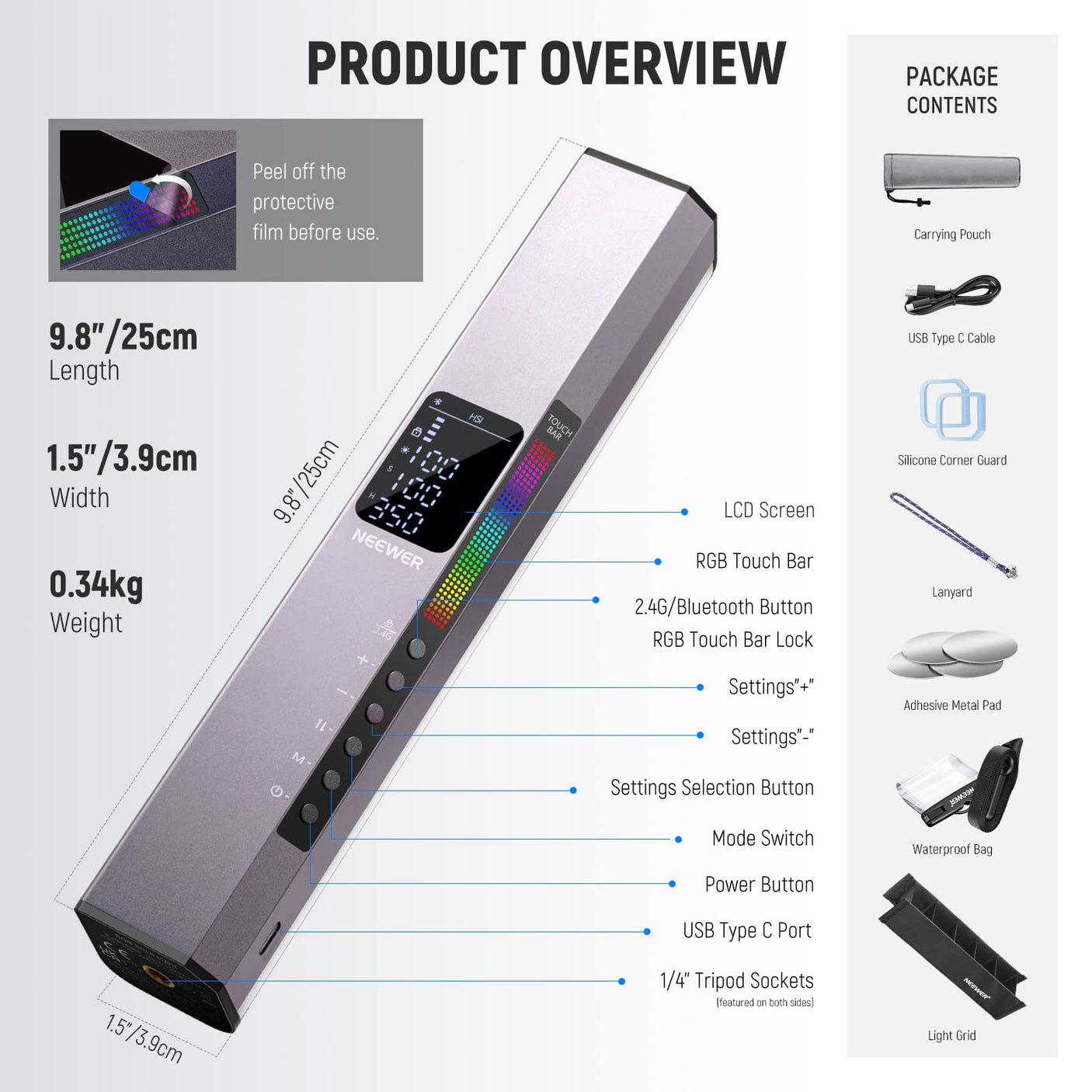 NEEWER RGB LED Video Light Stick, Touch Bar & APP Control, Magnetic Handheld Photography Lighting Wand, Dimmable 3200K~5600K CRI98+ Full Color LED Light with 6400mAh Battery, 17 Scenes, RGB1