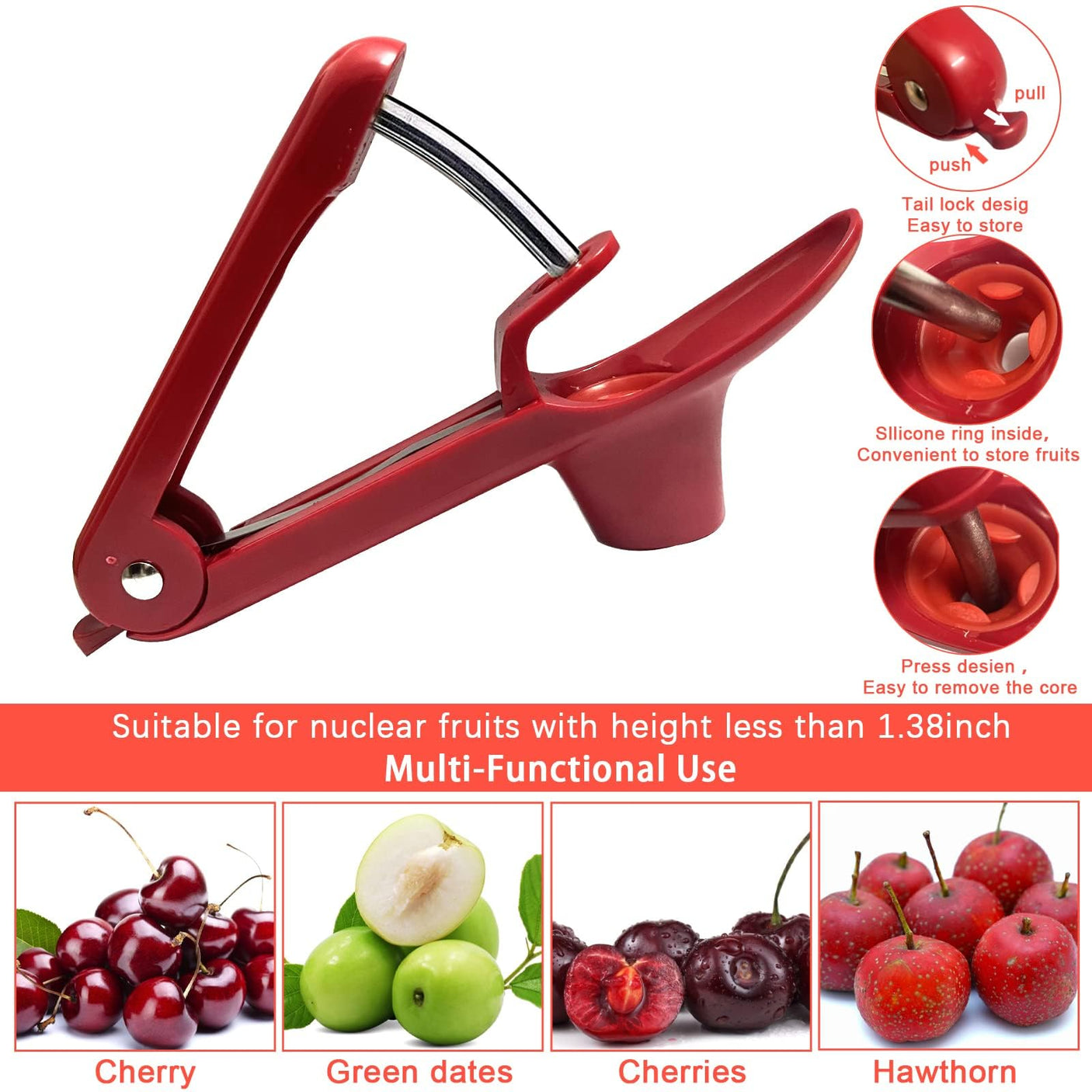 Cherry Pitter, Stainless Steel Olive and Cherries Pitters Corer Tool with Space-Saving Lock Design, Multi-Function Fruit Pit Remover for Cherry Jam (Black)