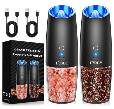 Gravity Electric Pepper and Salt Grinder Set, Salt and Pepper Mill & Adjustable Coarseness, Battery Powered with LED Light, One Hand Automatic Operation, Stainless Steel (Set/Silver)
