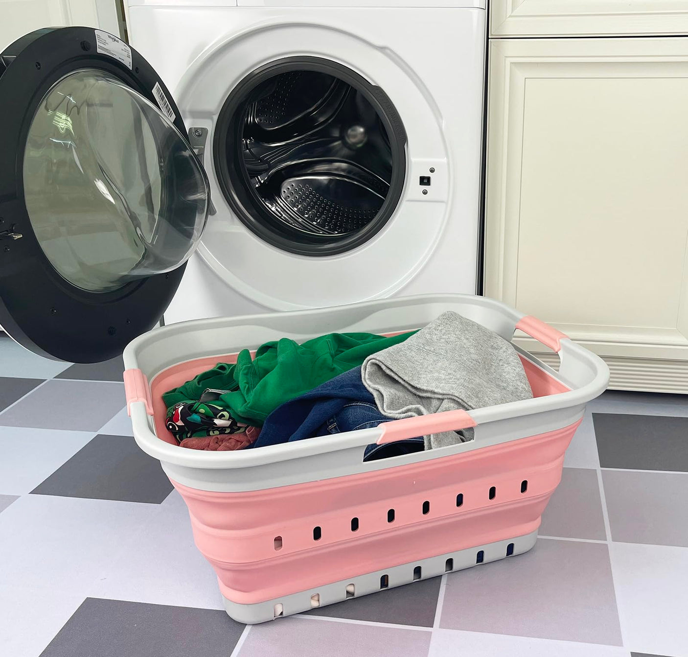 SAMMART 42L (11 gallon) Collapsible Plastic Laundry Basket - Foldable Pop Up Storage Container/Organizer - Space Saving Hamper/Basket (1, White/Grey)
