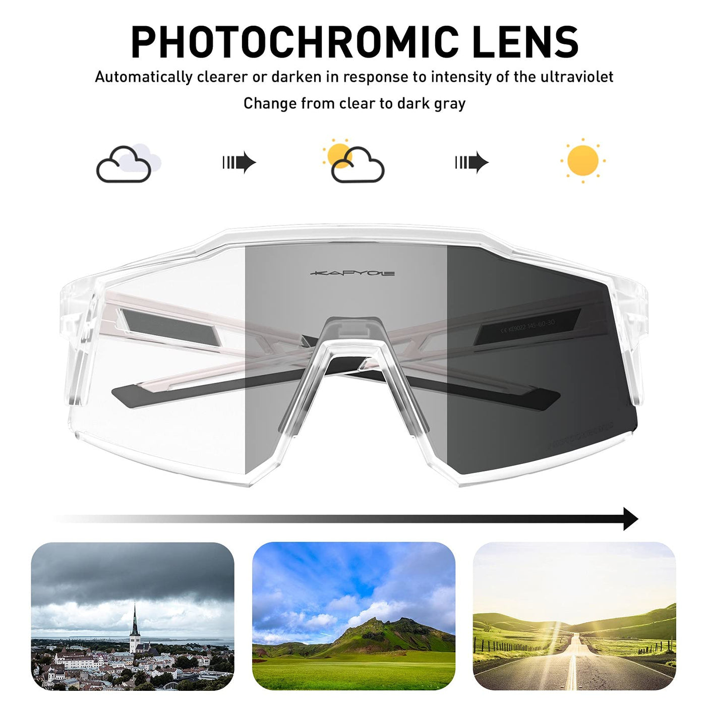 KAPVOE Photochromic Cycling Glasses MTB Clear Mountain Bike Transition Bicycle Sunglasses for Men Women - K9022