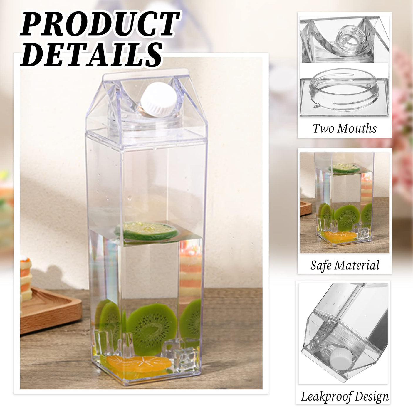 Remerry 3 Pcs Milk Carton Water Bottle Square Plastic Coffee Portable Reusable Milk Carton Cup Leakproof Juice Bottle