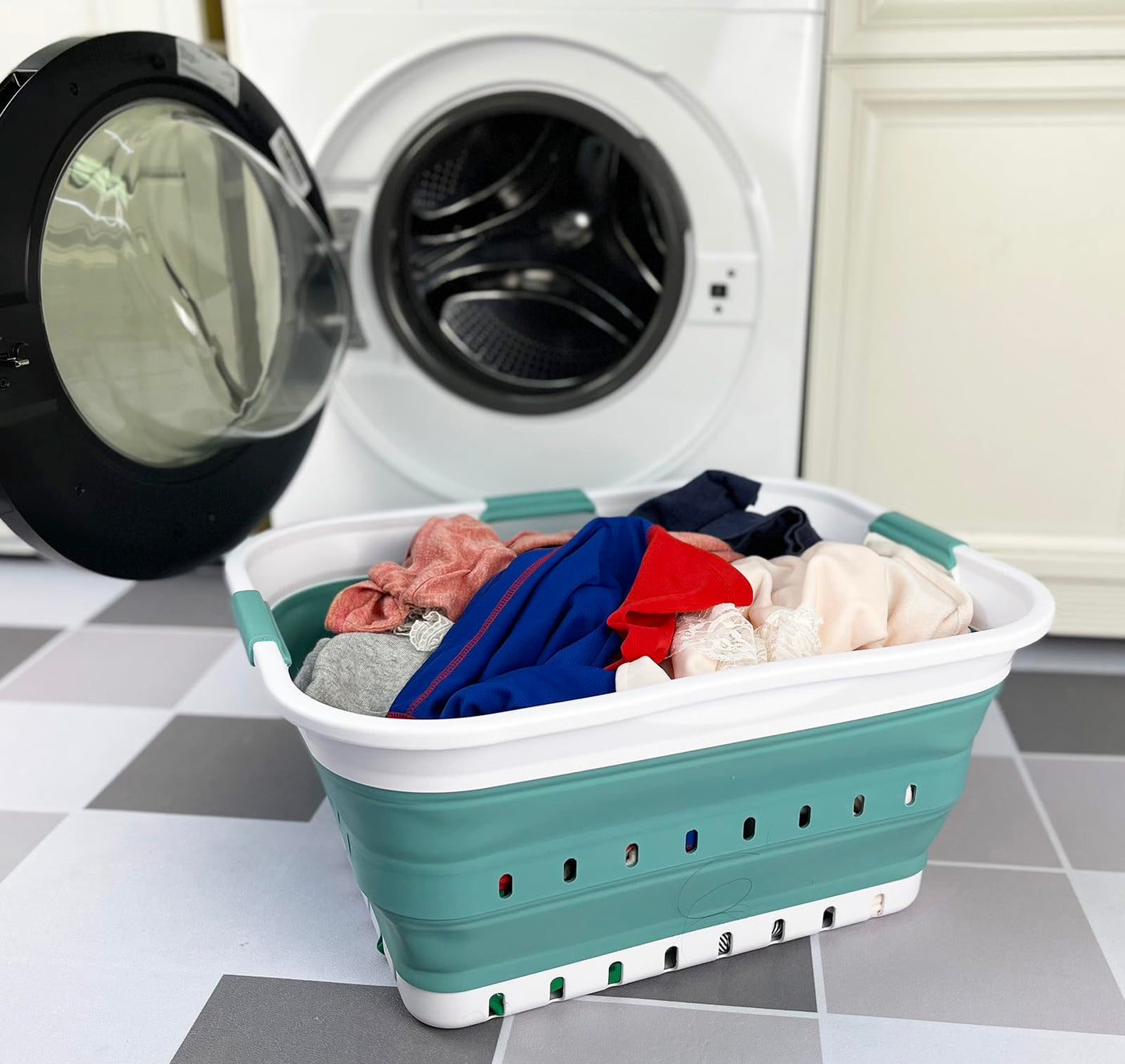 SAMMART 42L (11 gallon) Collapsible Plastic Laundry Basket - Foldable Pop Up Storage Container/Organizer - Space Saving Hamper/Basket (1, White/Grey)