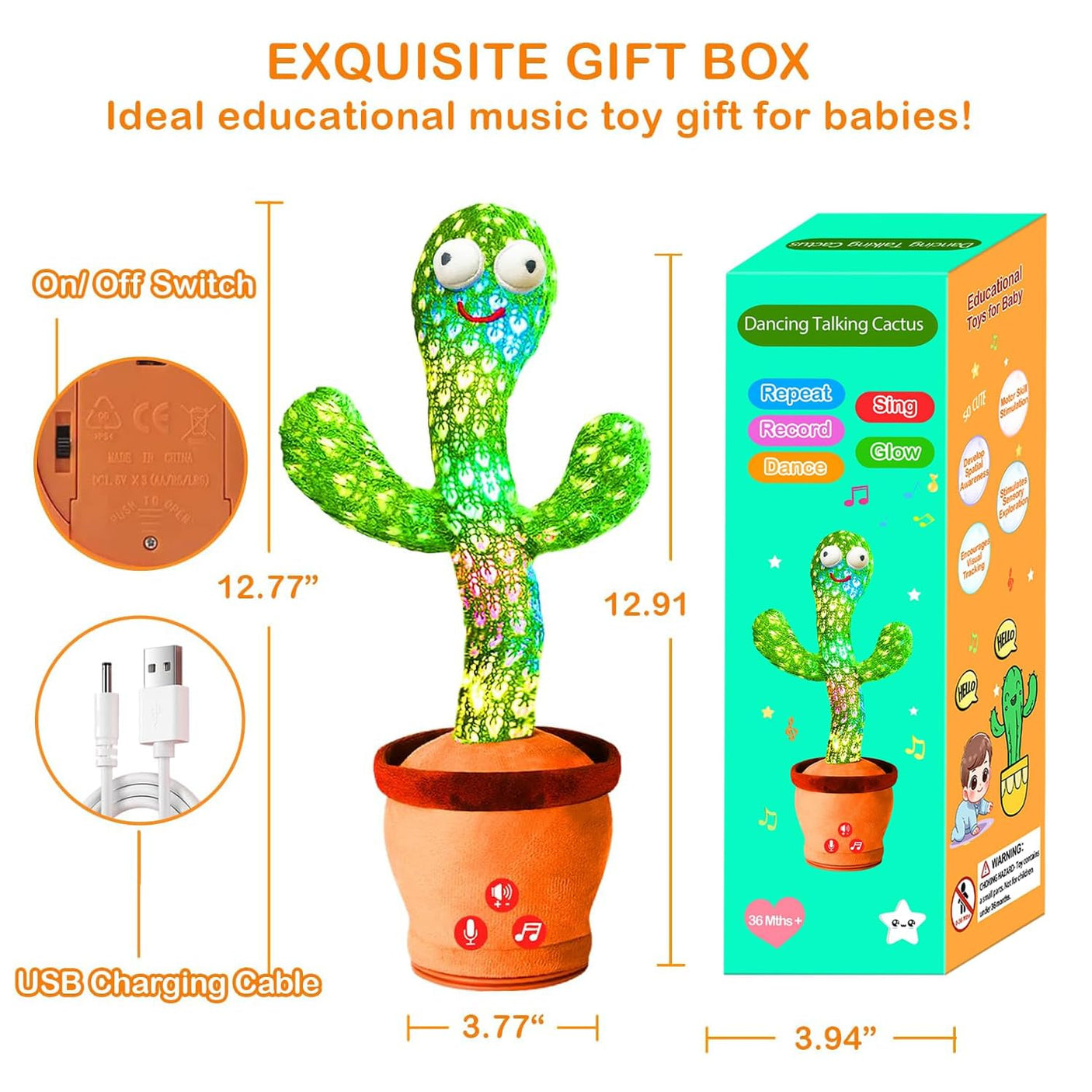 Dancing Talking Cactus Toy for Baby Toddler, Boys Girls Gifts Singing Mimicking Recording Repeating What You Say Baby Toys with 120 English Songs (Adjustable Volume)