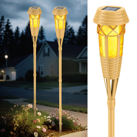 Flickering Flames Solar Powered Lights - Upgraded Solar Torches Waterproof Outdoor Decorative Lighting Auto On/Off, Handmade Bamboo Finish, 2-Pack