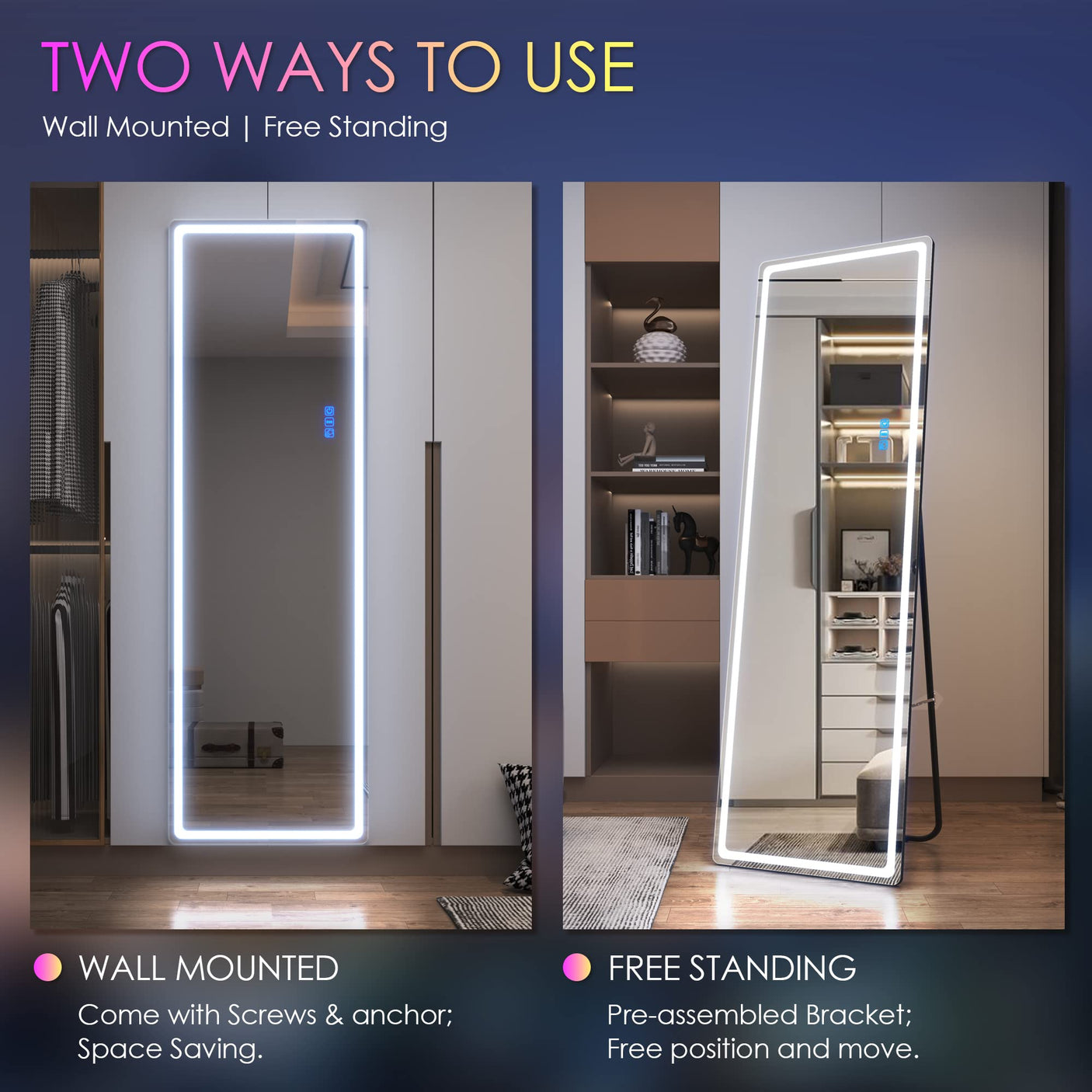 LVSOMT LED RGB Full Length Mirror, Full Body Mirror with Lights, Wall Mounted Lighted Mirror, Over The Door Hanging Mirror, 14 LED Light + Dimmable Brightness + Adjustable Speed, 47" x 16"