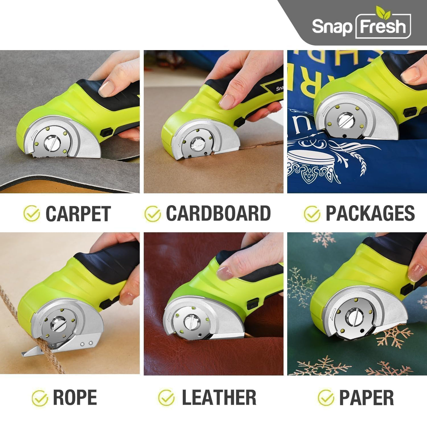 SnapFresh Cordless Electric Scissors, 4V Electric Mini Box Cutter, Carpet & Cardboard Cutter Tool with a Replacement Blade/Charger, Rotary Cutter for Cardboard Packages Leather Plastic （Green）