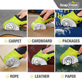 SnapFresh Cordless Electric Scissors, 4V Electric Mini Box Cutter, Carpet & Cardboard Cutter Tool with a Replacement Blade/Charger, Rotary Cutter for Cardboard Packages Leather Plastic （Green）
