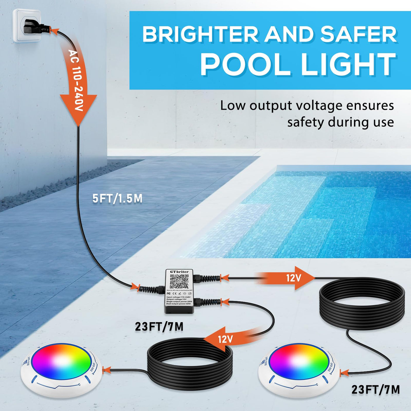 Above Ground Pool Lights with APP Control 20W RGB Dimmable LED Pool Lights with Suction Cups and Built-in Magnets 12V Underwater Pool Light for Above ground Inground Pools IP68 Waterproof 28FT Cord B