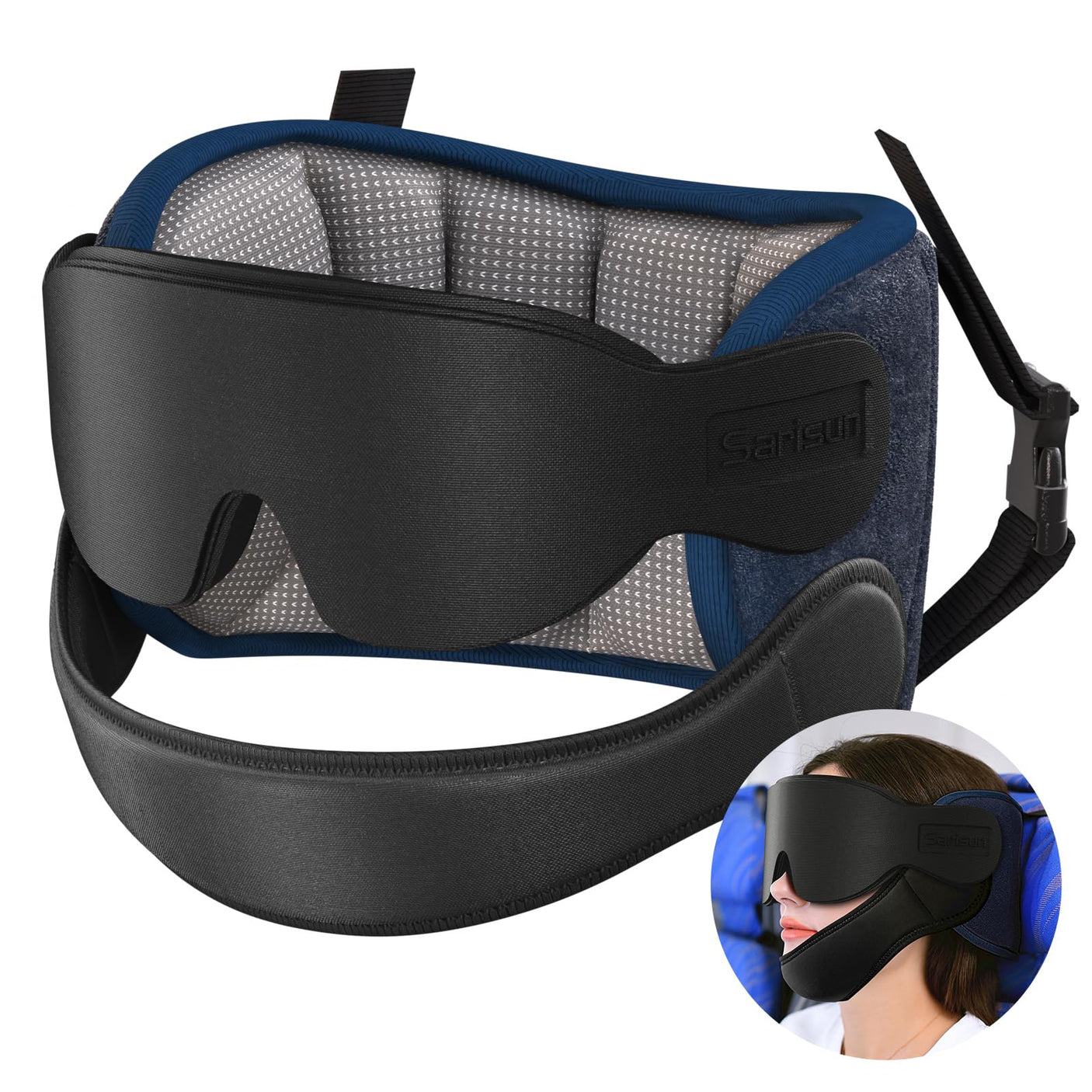 Airplane Pillow Combo with Chin Strap, Travel Pillows for Airplanes with Sleep Eye Mask, Plane Pillow for Long Flights, Car Road Trip, 360° Headrest, Stop Bobblehead, Black