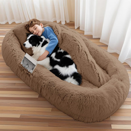 Human Dog Bed, Large Dog Beds for Humans Size Fits You and Pets, Washable Faux Fur Orthopedic Human Pet Bed for People Doze Off, Napping, Present Pillow, Blanket, Strap - Khaki