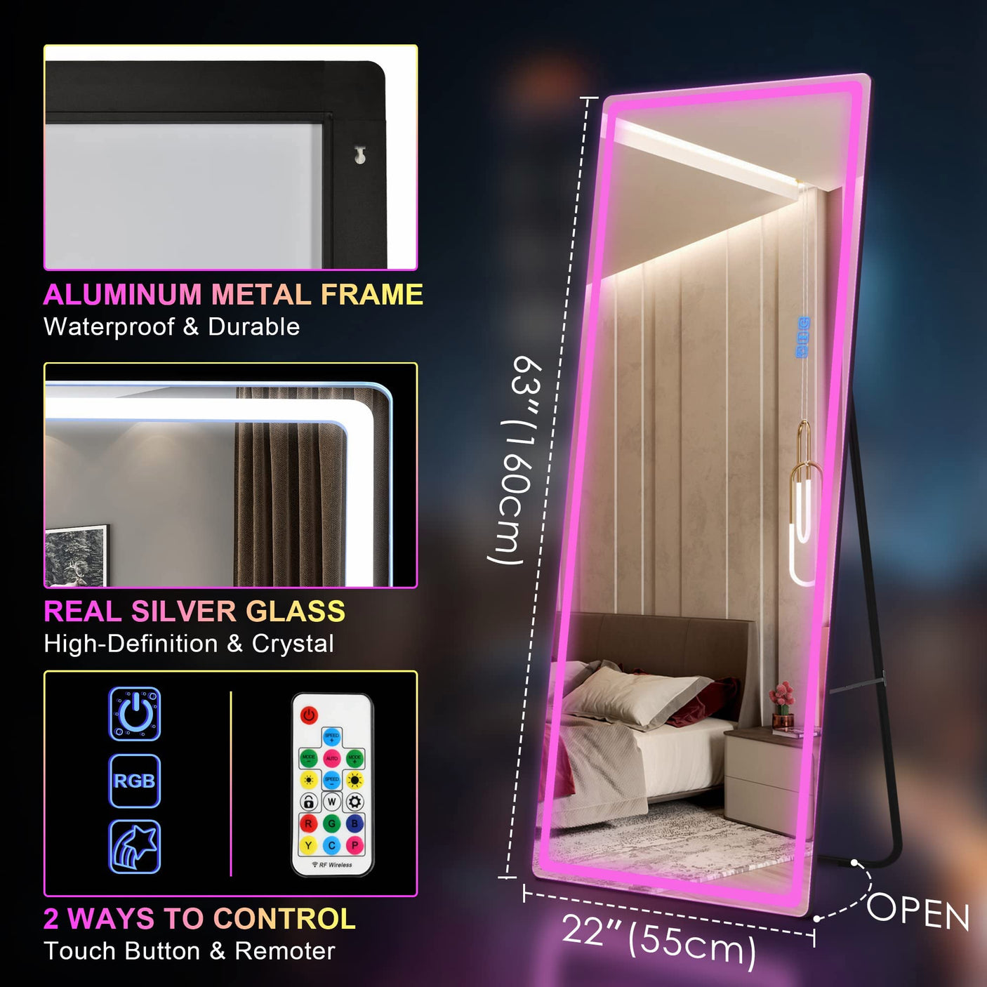 LVSOMT LED RGB Full Length Mirror, Full Body Mirror with Lights, Wall Mounted Lighted Mirror, Over The Door Hanging Mirror, 14 LED Light + Dimmable Brightness + Adjustable Speed, 47" x 16"