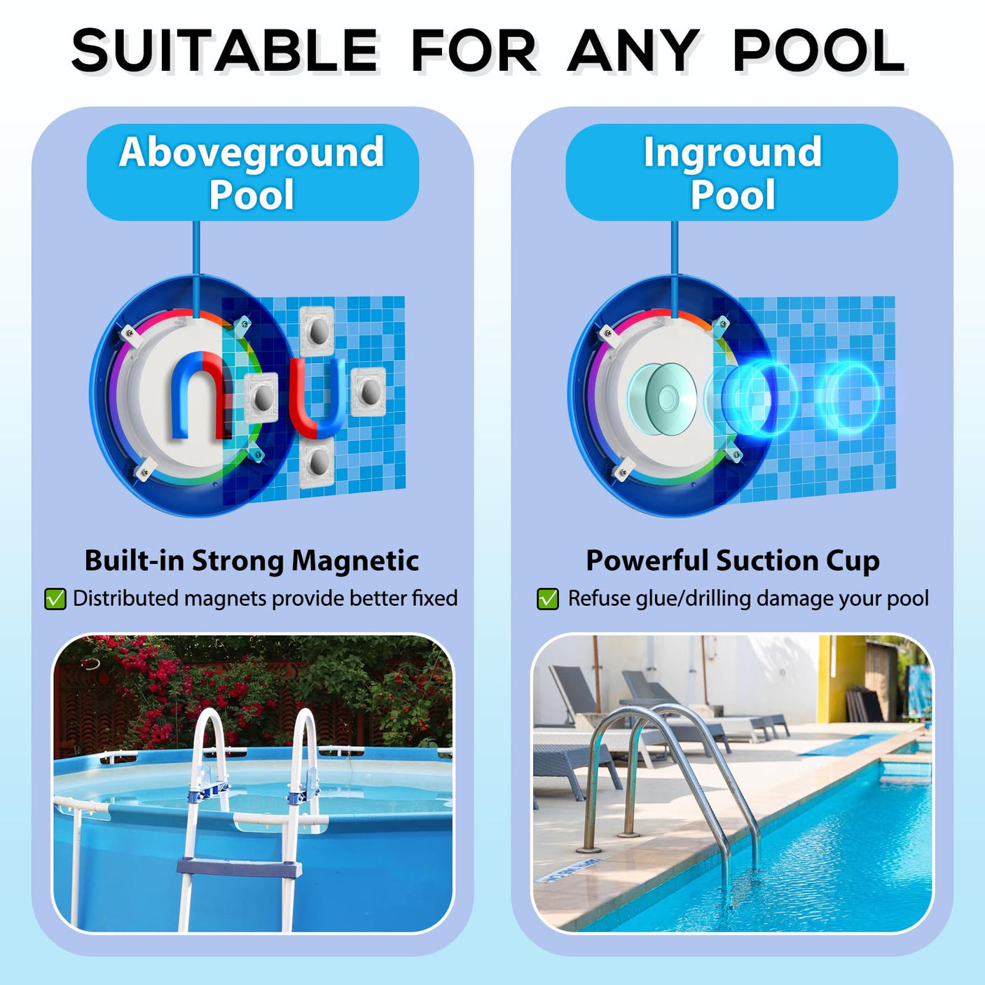 Above Ground Pool Lights with APP Control 20W RGB Dimmable LED Pool Lights with Suction Cups and Built-in Magnets 12V Underwater Pool Light for Above ground Inground Pools IP68 Waterproof 28FT Cord B