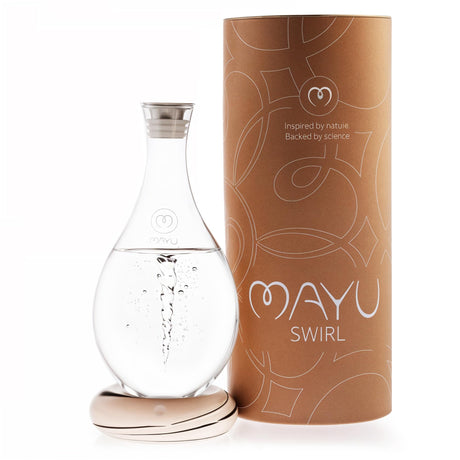 MAYU Swirl Carafe | Hand-Blown Glass – Enhances Oxygenation & Taste, Creates Structured Water w/Natural Swirl, BPA-Free Lid, Ideal as Bedside Carafe & Filter Pitcher Alternative | 51 oz (Earth Base)