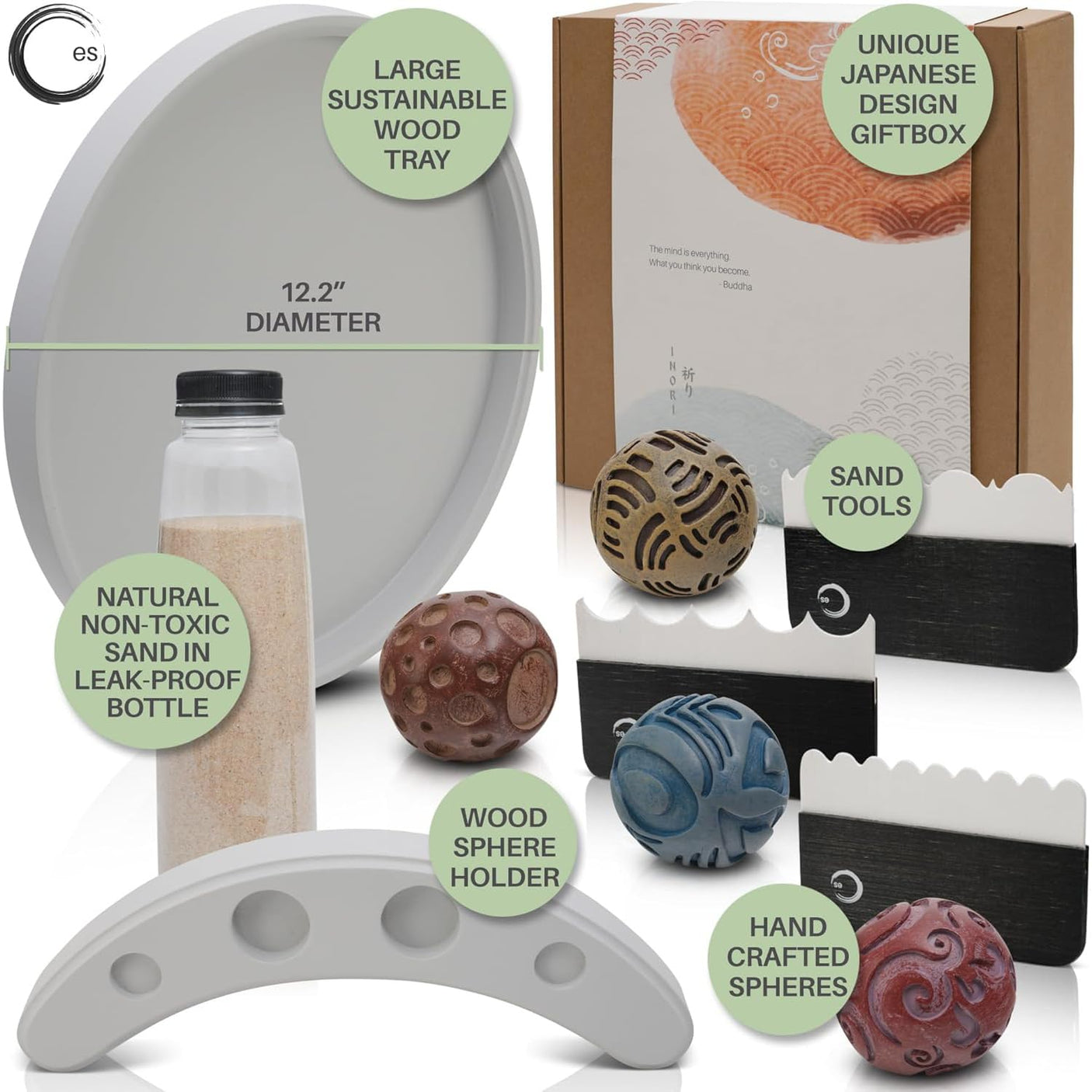 Japanese Zen Garden Kit for Desk - Premium Sand Garden - Mini Zen Décor Office Desktop Accessories - Bamboo Crafted Meditation Therapy Tray - Gift Set - 4 Stamp Spheres Natural Rake Custom Holder