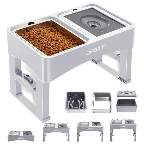 UPSKY 2-in-1 Elevated Dog Bowls Slow Feeder, 4 Height Adjustable Raised Bowls Stand, No Spill Dog Water Bowls, Anti-Slip Food and Water Bowl for Small Medium Dogs(Not Include Stainless Steel Bowl)