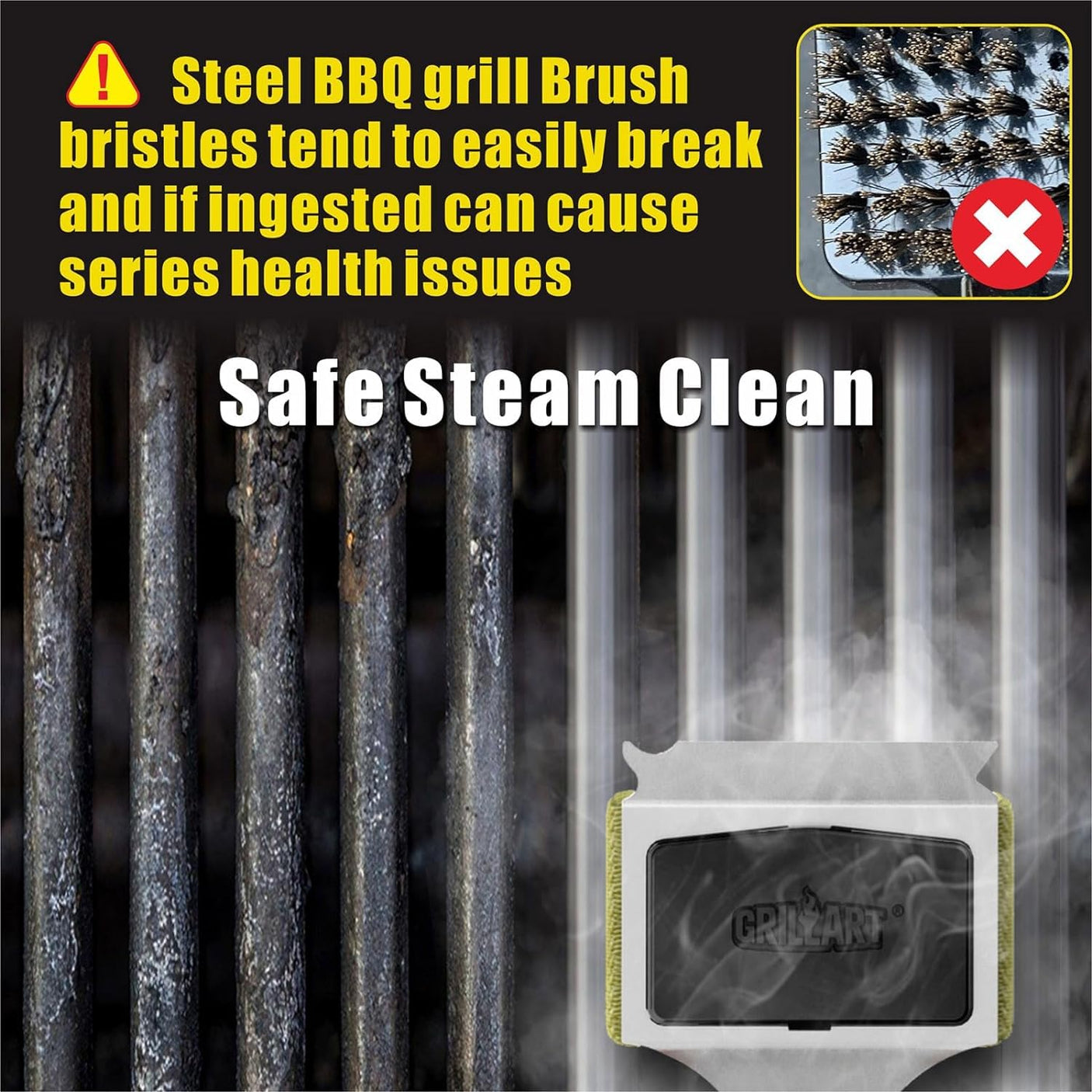GRILLART Grill Brush Bristle Free. SteamWizards BBQ Replaceable Cleaning Head, Unique Seamless-Fit Scraper Tool for Cast Iron/Stainless-Steel Grates, Safe Barbecue Grill Cleaner-Red