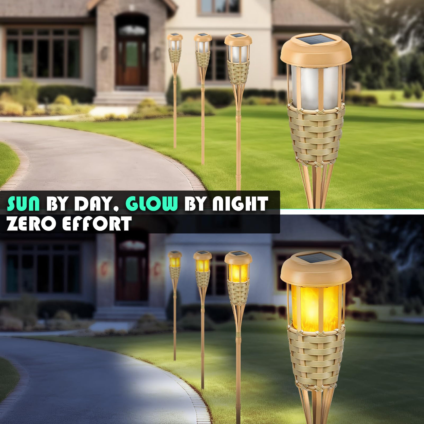 Flickering Flames Solar Powered Lights - Upgraded Solar Torches Waterproof Outdoor Decorative Lighting Auto On/Off, Handmade Bamboo Finish, 2-Pack