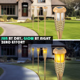 Flickering Flames Solar Powered Lights - Upgraded Solar Torches Waterproof Outdoor Decorative Lighting Auto On/Off, Handmade Bamboo Finish, 2-Pack