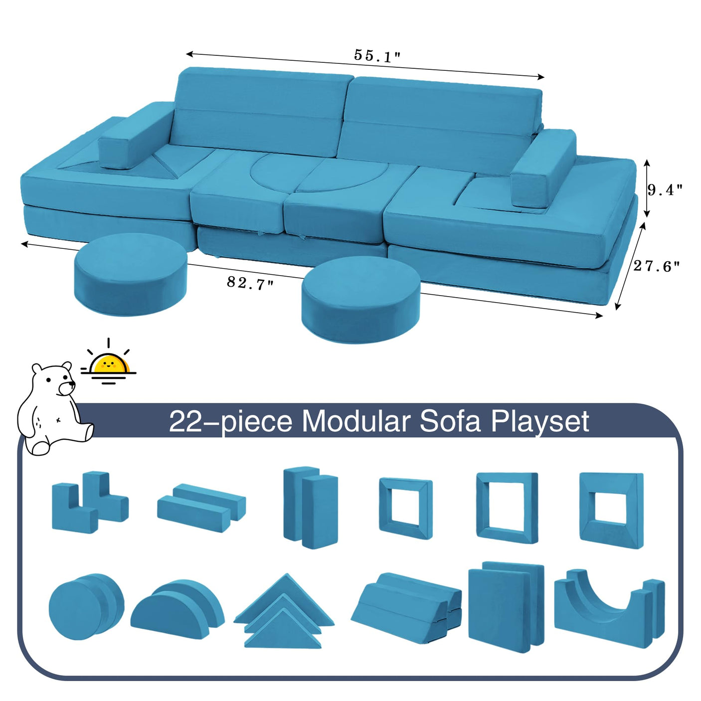 22Pcs Modular Kids Play Couch - Kids Couch for Playroom Bedroom Living Rooms Toddler Sofa for Inspiring Child Creativity，Children Convertible Foam Sofa