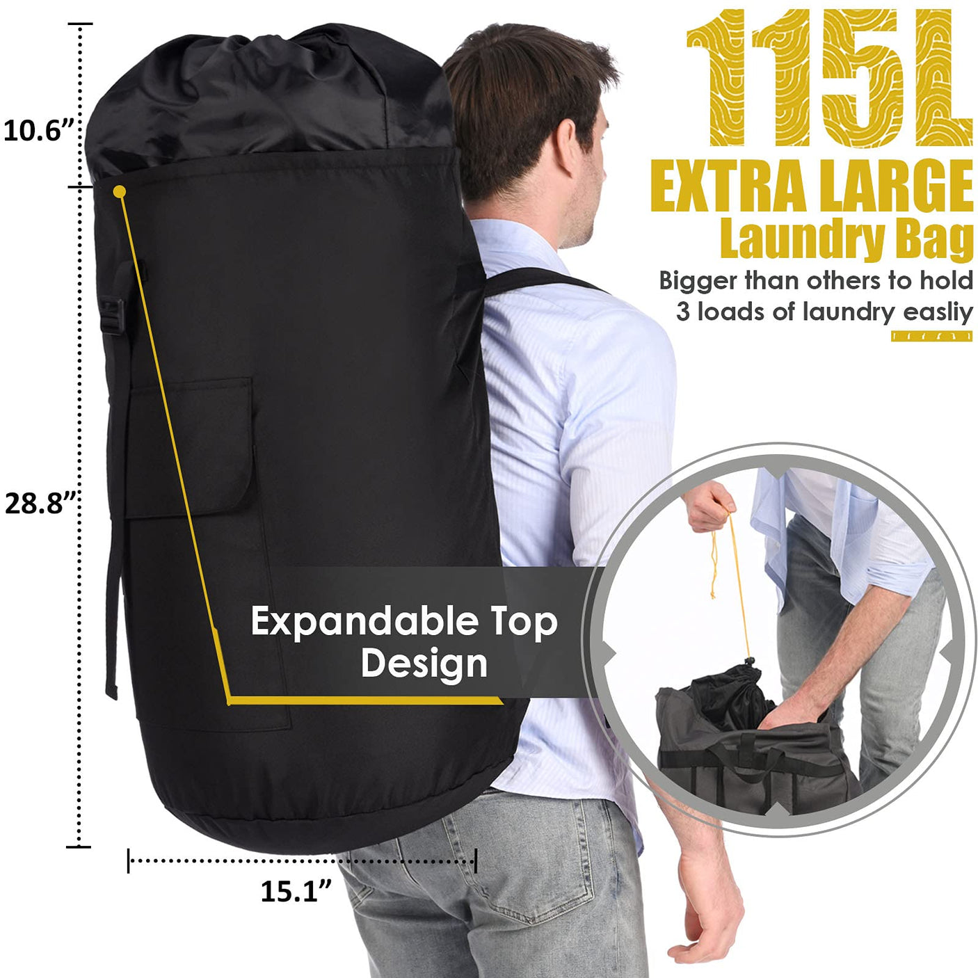 Laundry Bag Backpack Extra Large, 115L Laundry Backpack with Padded Shoulder Strap, Sturdy Travel Laundry Bags, Hanging Laundry Bag for College Dorm, Apartment, Clothes Hamper Bag for Laundromat