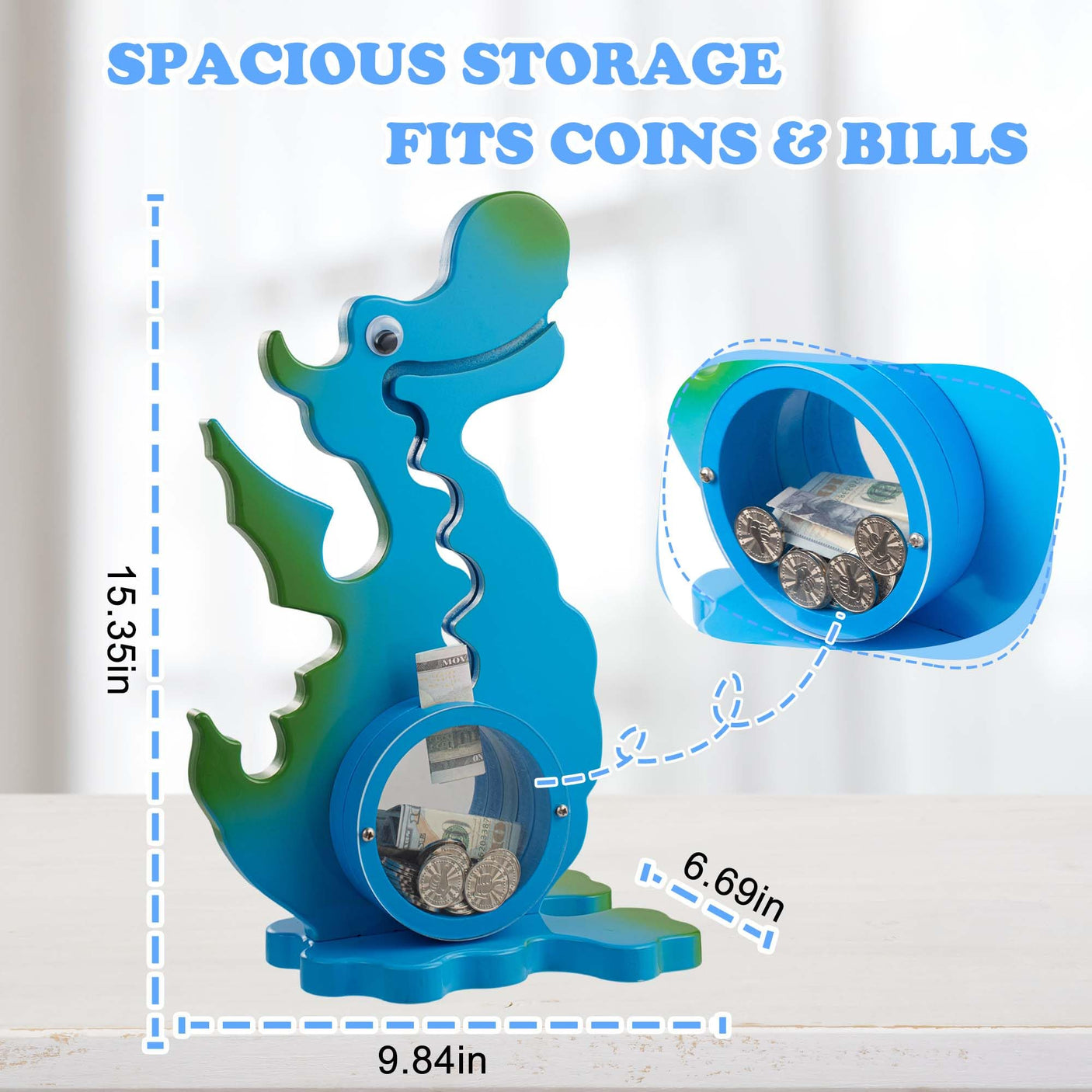Wooden Dinosaur Piggy Bank Boalord for Boys Kids Girls Clear Big Belly Animal Coin Bank for Toddler Real Money Toy（Dino-Blue）