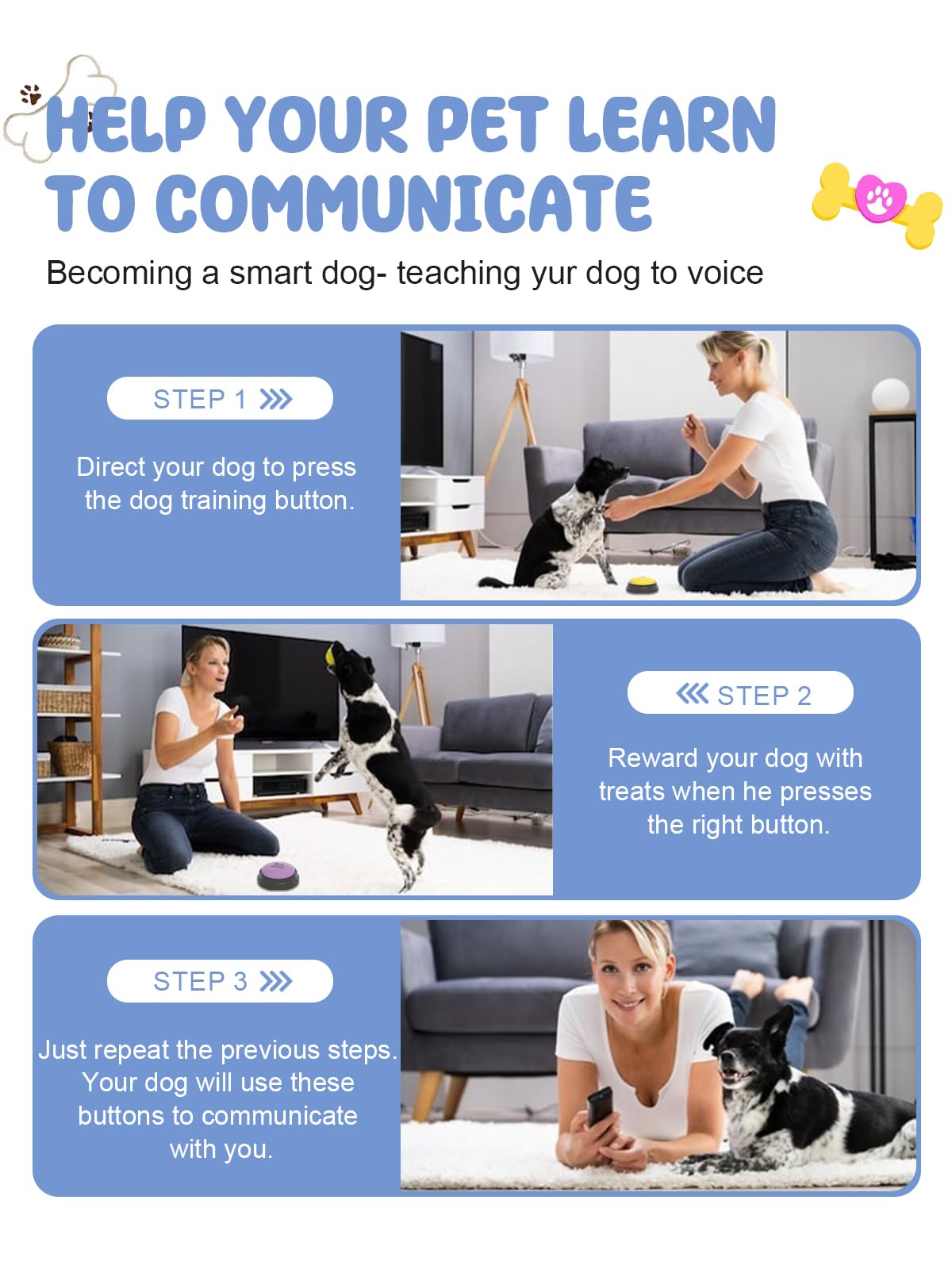 Dog Buttons for Communication, 8 Pcs Dog Talking Button Set, 30s Recordable Voice Pet Buzzer Training Buttons, Speaking Button for Dogs with Waterproof Anti-Slip Dog Button Mat and 48 Scene Stickers