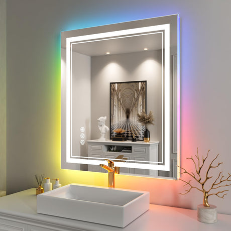 60x30 Inch LED Bathroom Mirror with Lights, Color Changing RGD Backlit and Front Light Mirror,Lighted Vanity Mirrors for Bathroom Wall, Dimmable, Anti-Fog,Shatterproof,Memory