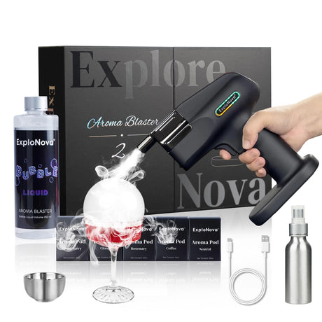Cocktail Bubble Smoke Gun with 5 Flavour Aroma Pods and Edible Bubbles, Electric Bubble Smoke Machine, Food Drink Decor Perfect for Bar, Party and Home, Gift for Engagement & Birthday